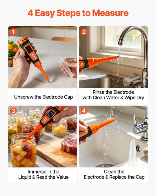 Food pH Meter, 0-14 pH Range, IP68 Waterproof Probe, Pocket Tester Kit