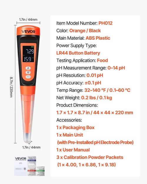 Food pH Meter, 0-14 pH Range, IP68 Waterproof Probe, Pocket Tester Kit